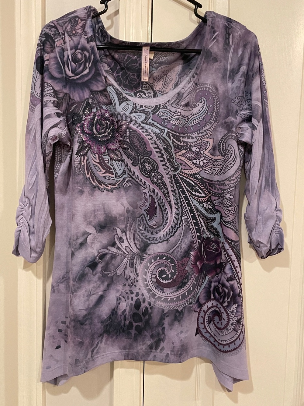 Susan Lawrence Purple Floral Paisley Top with Teal Accents
